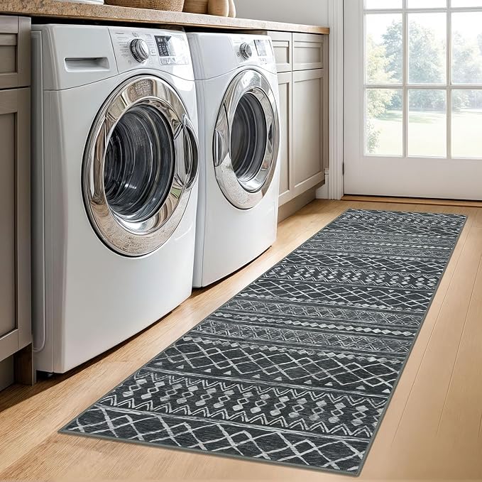 KUTA 2x6 Washable Runner Rug Non-Slip, Dark Grey Beige Moroccan Boho Rug Runner