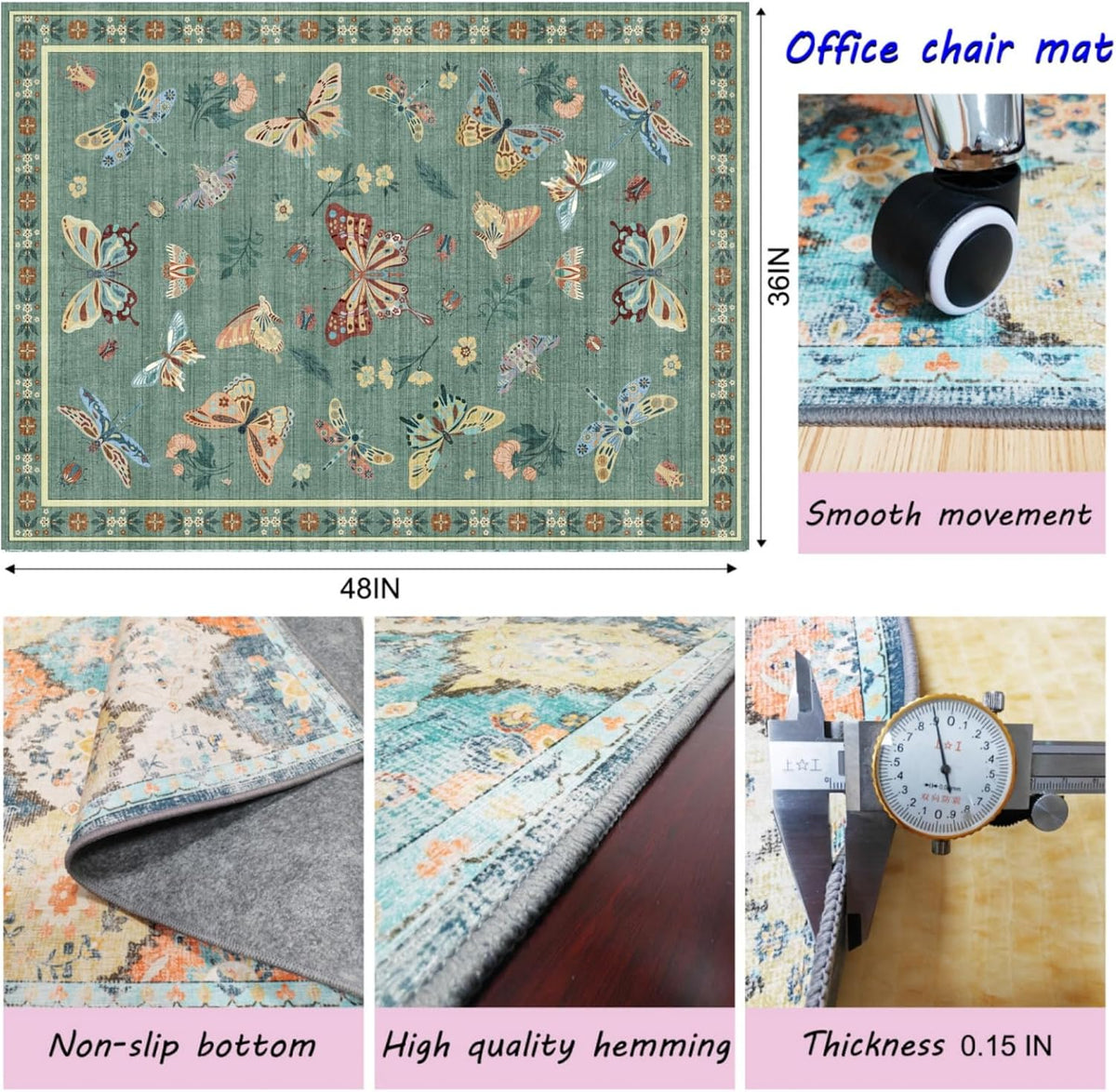 Chair Mat for Hardwood Floor,48"*36" Easy Glide Computer Chair Mat for Hard Wood and Tile Floor,Anti-Slip Floor Protector for Home Office Green Flower Bird