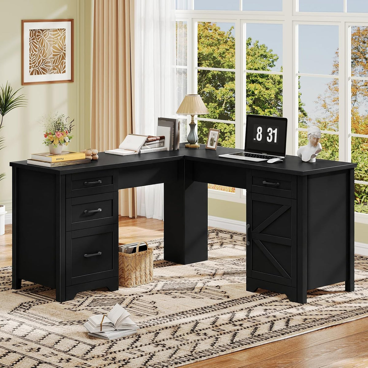 Vabches 59” Farmhouse L Shaped Executive Desk with File Drawer, Black