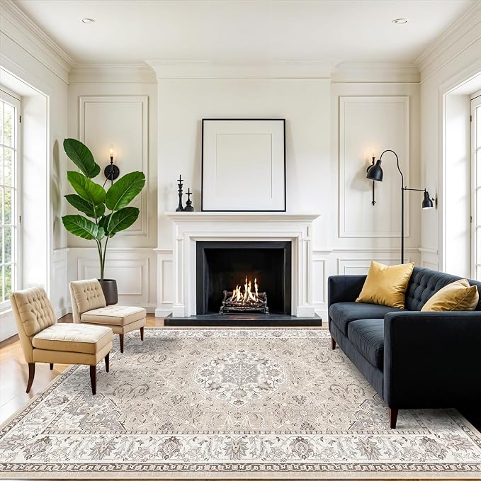 Living Room 8ft Square Area Rug: Machine Washable Large Vintage Soft Rug Stain