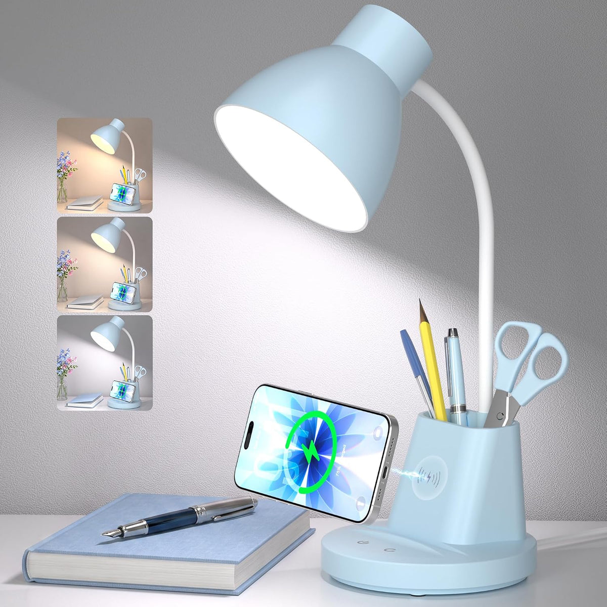 10W Wireless Charging LED Desk Lamp with Pen Holder, CRI 95, Blue