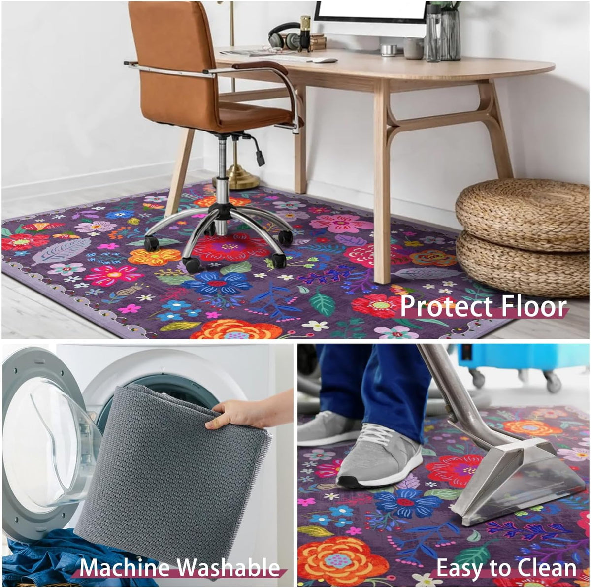Office Chair Mat for Hardwood & Tile Floor,Boho Floral 36"x48" Computer Chair Mat for Rolling Chairs Carpet,Under Desk Non Slip Gaming Rug,Low-Pile Rubber Backing Large Protector Mat(Purple)