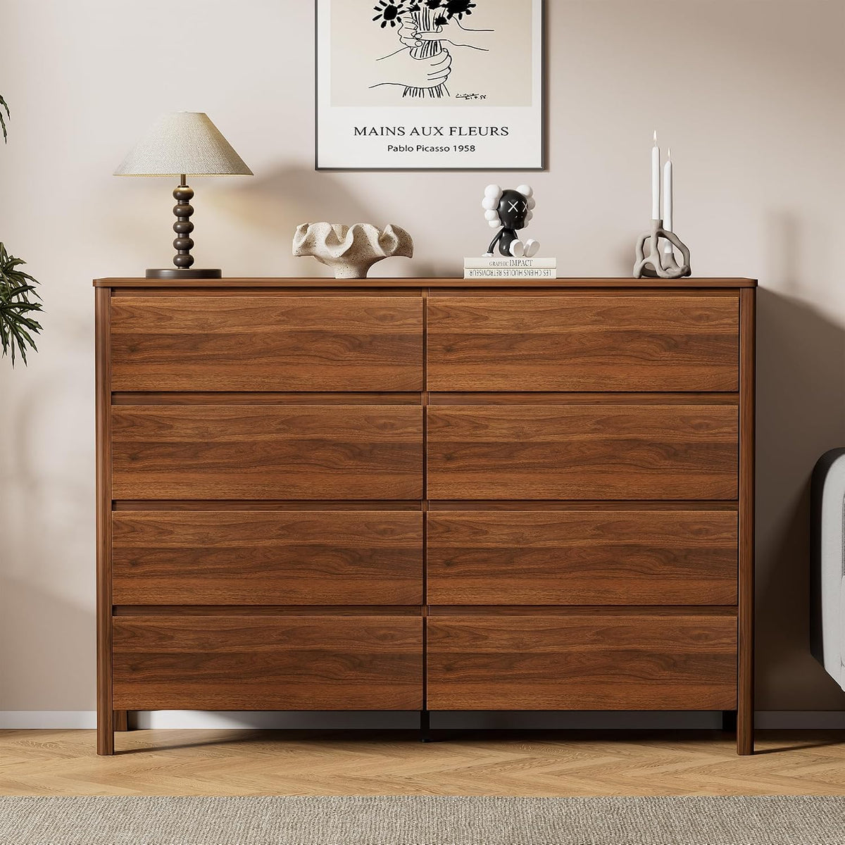 Furniway 55" Wide 8 Drawer Wood Dresser for Bedroom with Legs, Walnut