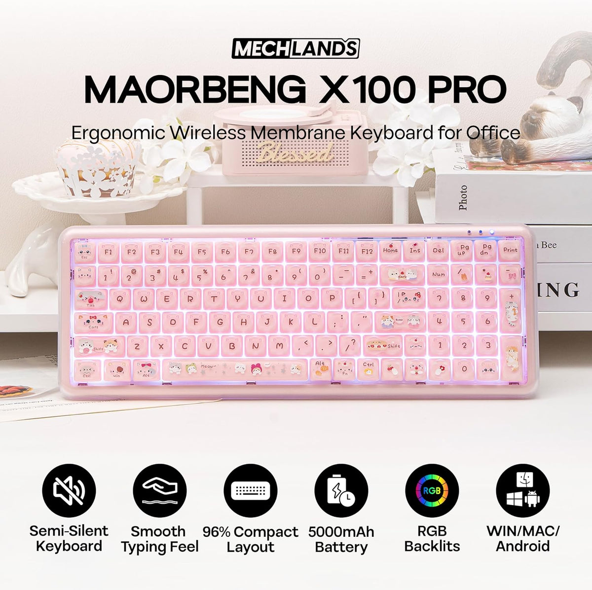 MechLands X Maorbeng X100 PRO Membrane Gaming Keyboard with Number Pad, RGB Backlits, Wireless Computer Keyboard with 5000mAh Battery, BT/2.4G/USB-C Wired, 96% Layout for Windows/Mac/PC (Pink)