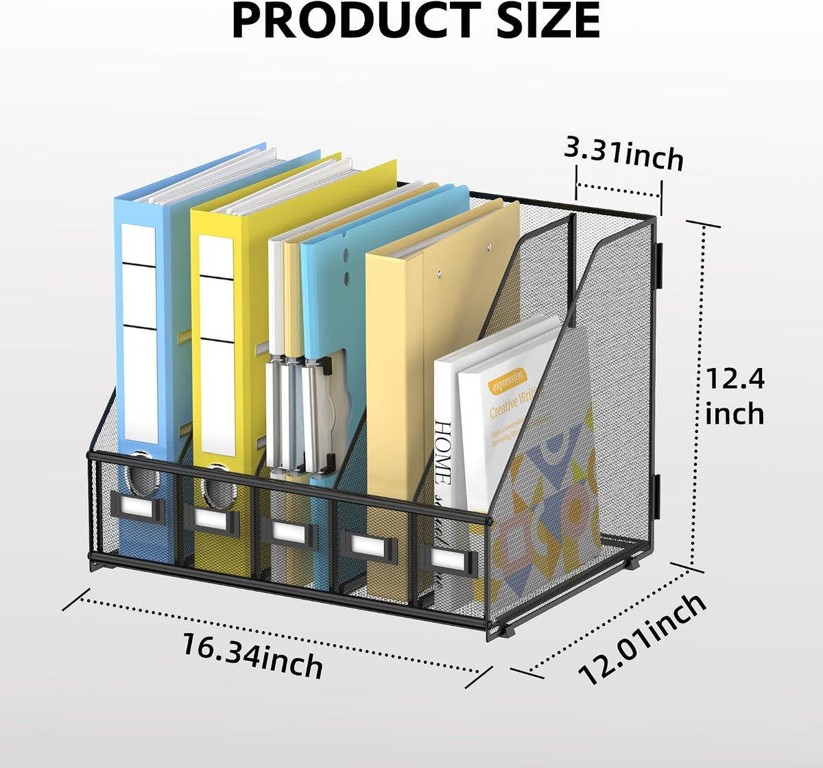 5 Vertical Compartments Magazine File Holder, Metal Binder Organizer, Black
