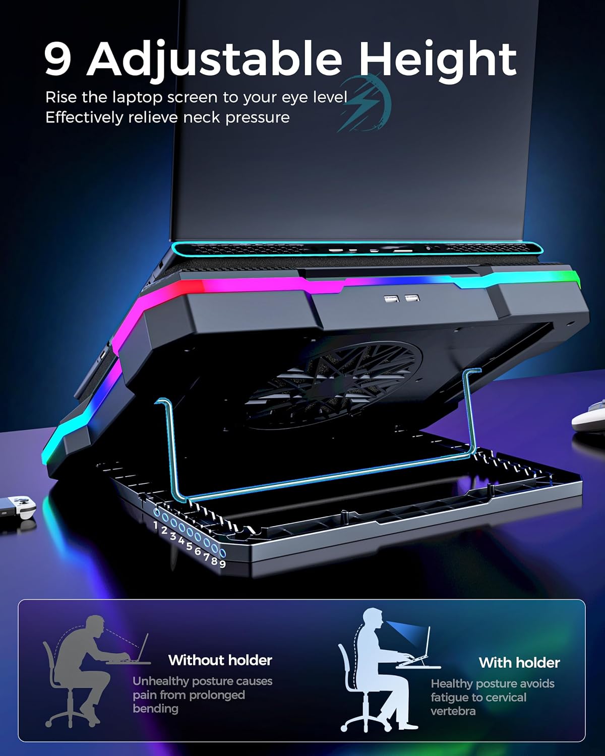 AICHESON Laptop Cooling Stand Gaming RGB Cooler for 15-19 inch Heavy Laptop