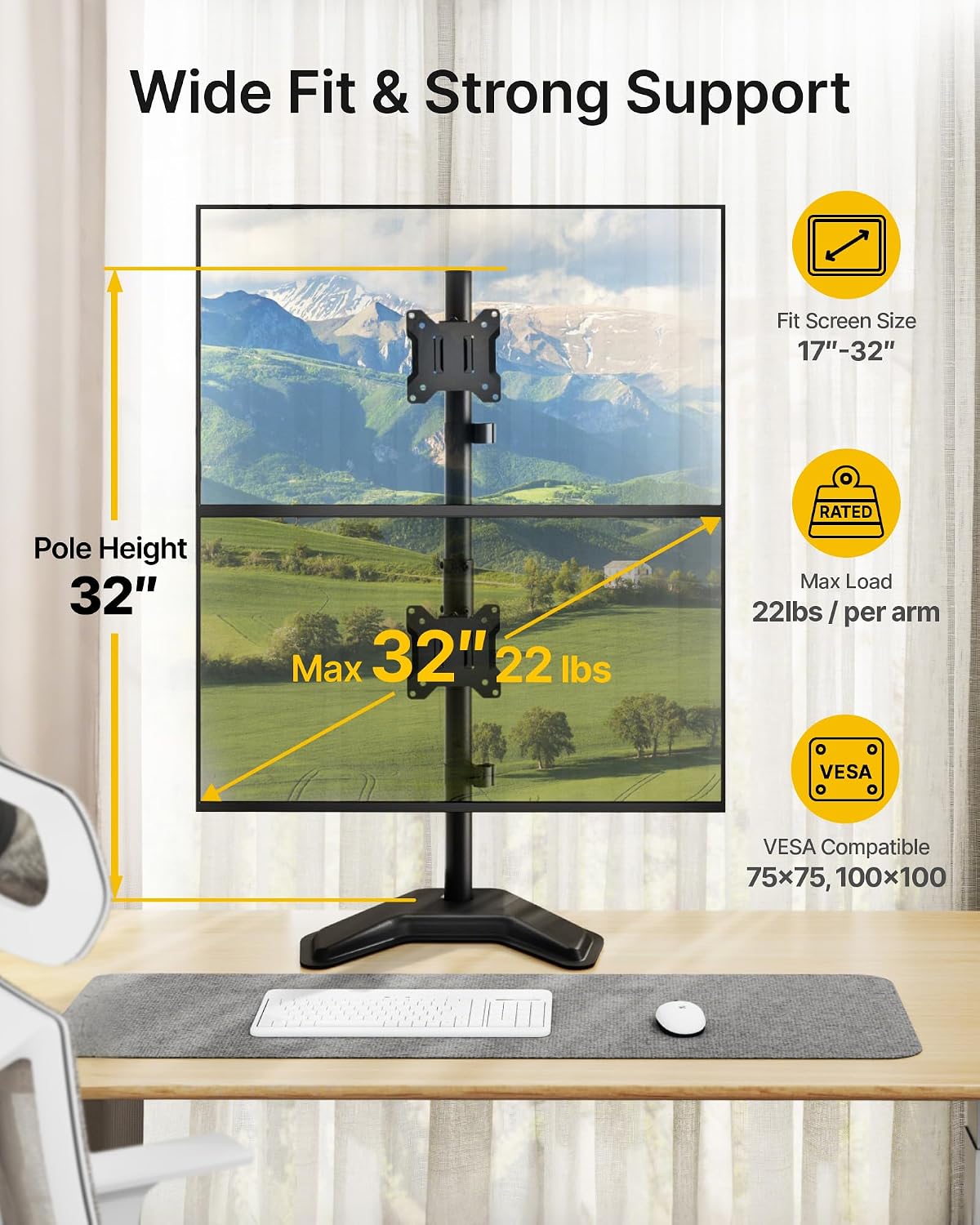 monTEK Freestanding Stacked Dual Monitor Stand for 17-32", 22 lbs Each