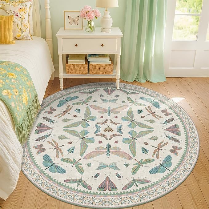 Hazo Haus Green and Blue Insect 6ft Round Soft Rugs
