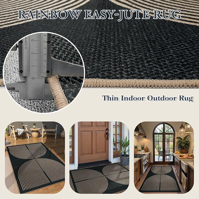 Lahome Enfys Modern Rainbow Easy Jute Outdoor Patio Rug, 3x5 Black Washable Rugs