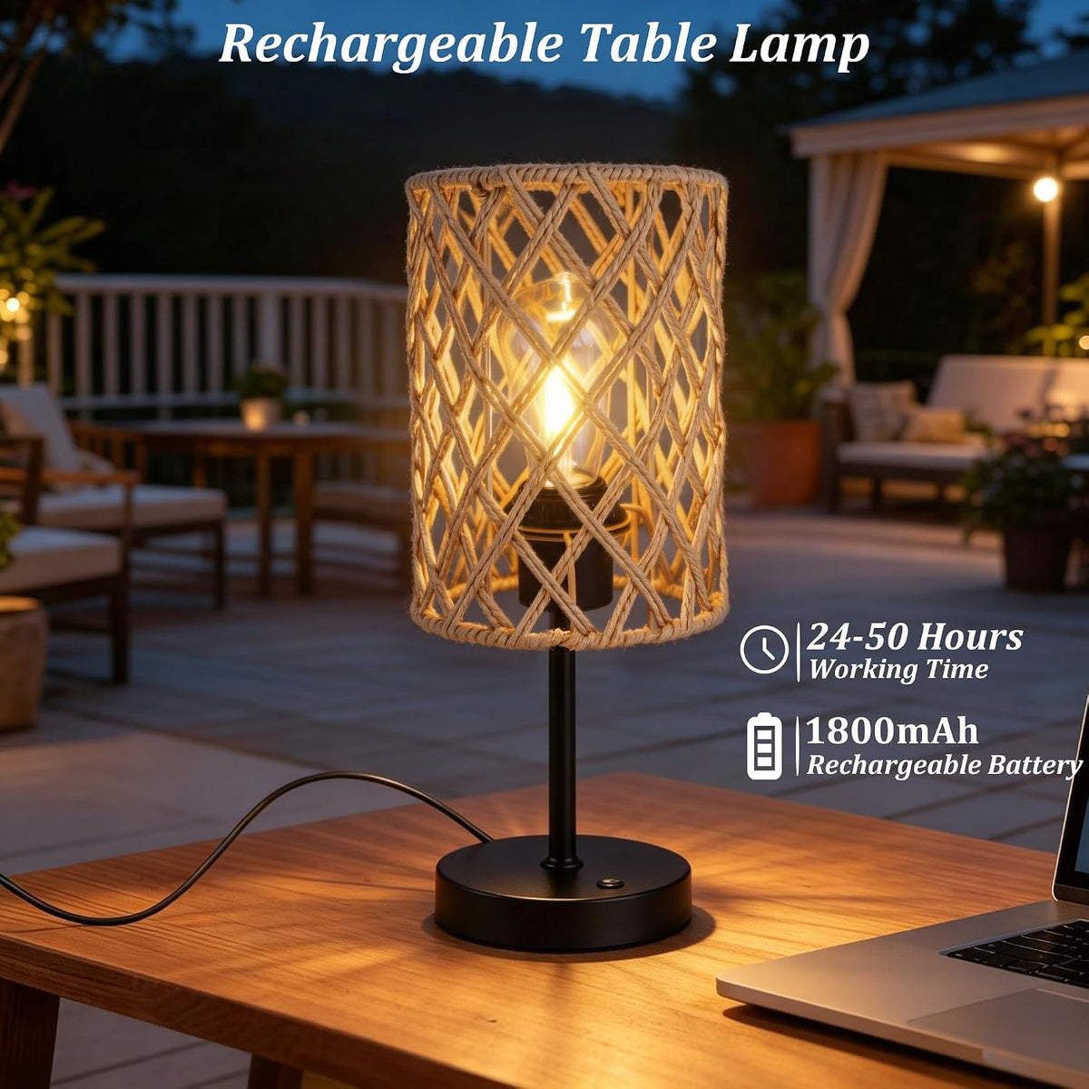 Rechargeable Outdoor Patio Table Lamps, Set of 2 Cordless Battery Operated Portable Boho Rattan Table Lights, for Covered Porch Balcony Garden Decor (Beige)