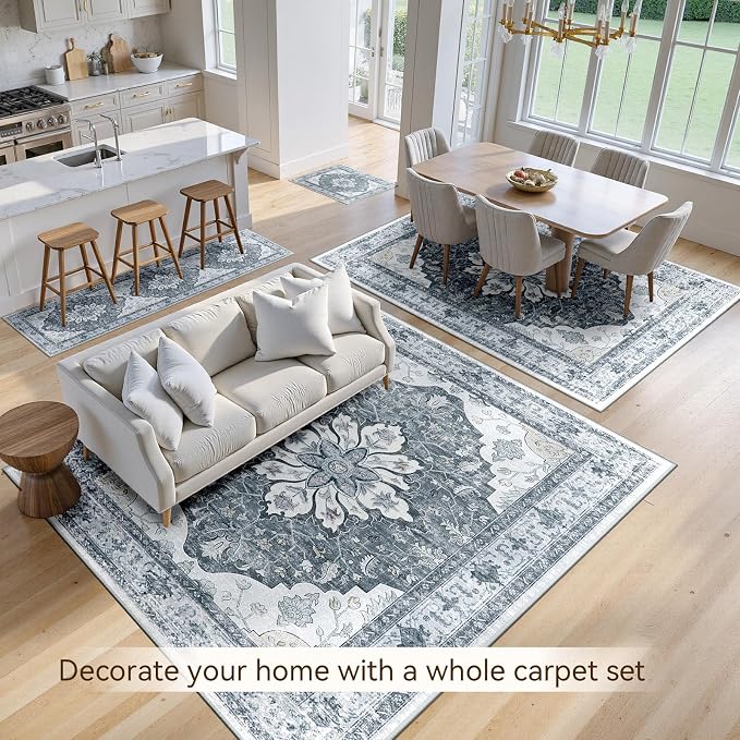 RELEANY Area Rugs 8'x10' Washable Non-Slip, Floral Vintage Distress Medallion