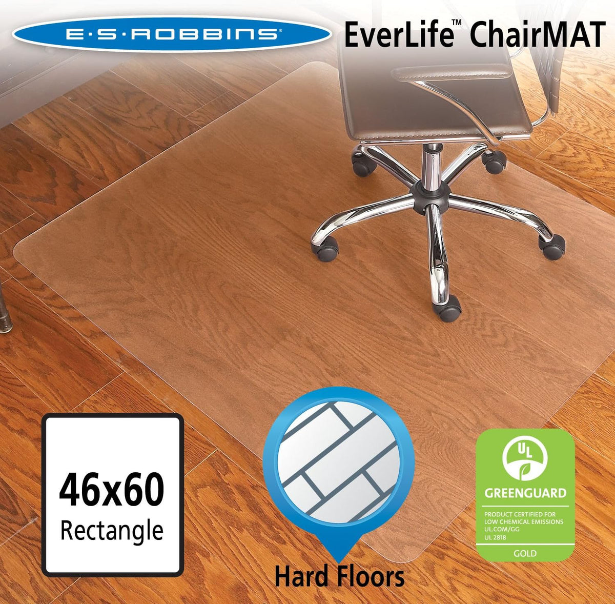 ES Robbins EverLife Hard Floor Rectangle Vinyl Chair Mat, 46 by 60-Inch, Clear