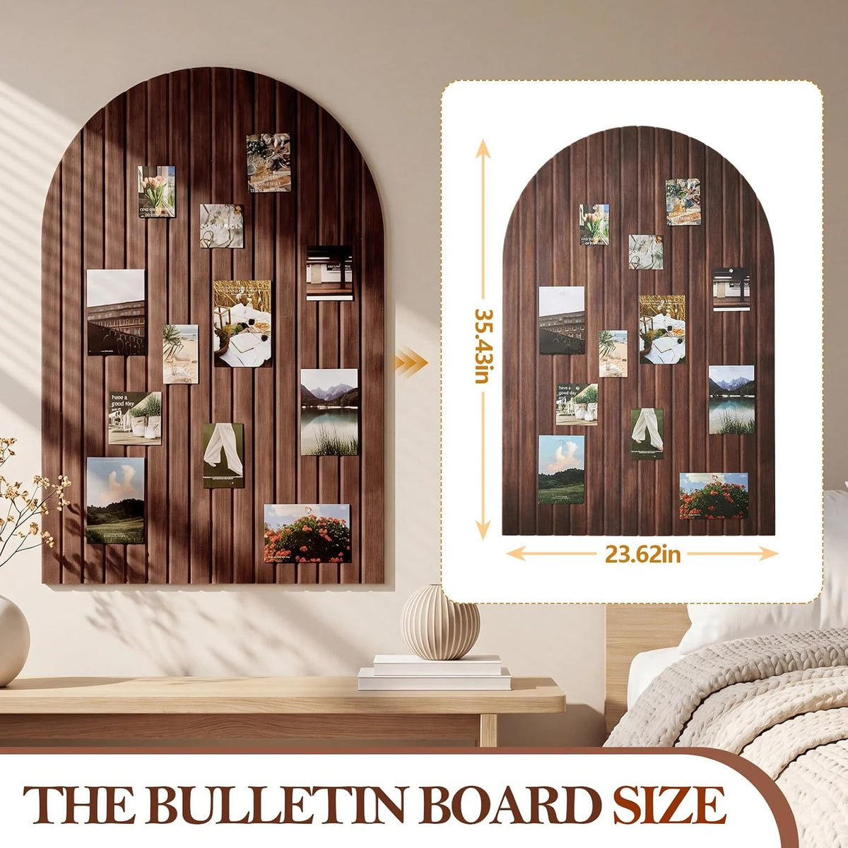 Mindsoft 35" x 24" Integrated Arched Felt Bulletin Board, Walnut Wood Color