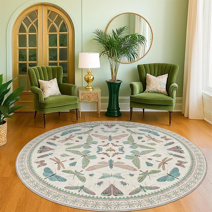 Hazo Haus Green and Blue Insect 6ft Round Soft Rugs