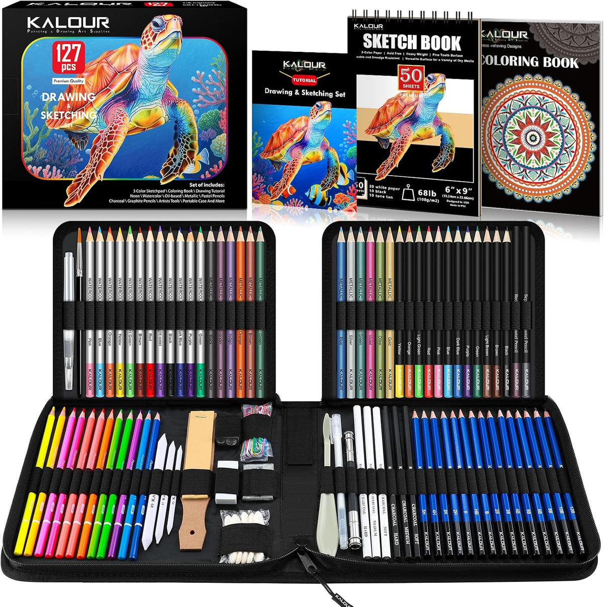 KALOUR PDAS 127 Drawing Set Sketching Kit, Pro Art Supplies with 3-Color Sketchbook & Coloring Book, Neon, Colored, Watercolor, Metallic, Graphite, Charcoal Pencils, Gift for Artists Adults Teens