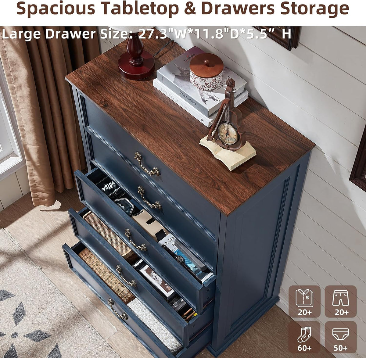 Joaxswe Farmhouse 5 Drawer Dresser for Bedroom, 45" Tall Rustic Chests of Drawers w/ 4 Solid Wood Feet, Mid Century Modern Wooden Closet Storage Dressers Organizer for Living Room, Hallway, Navy Blue