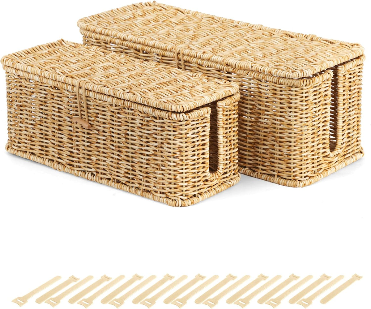 Cable Management Box, Cord Organizer with Lid & Cable Ties - Natural Set