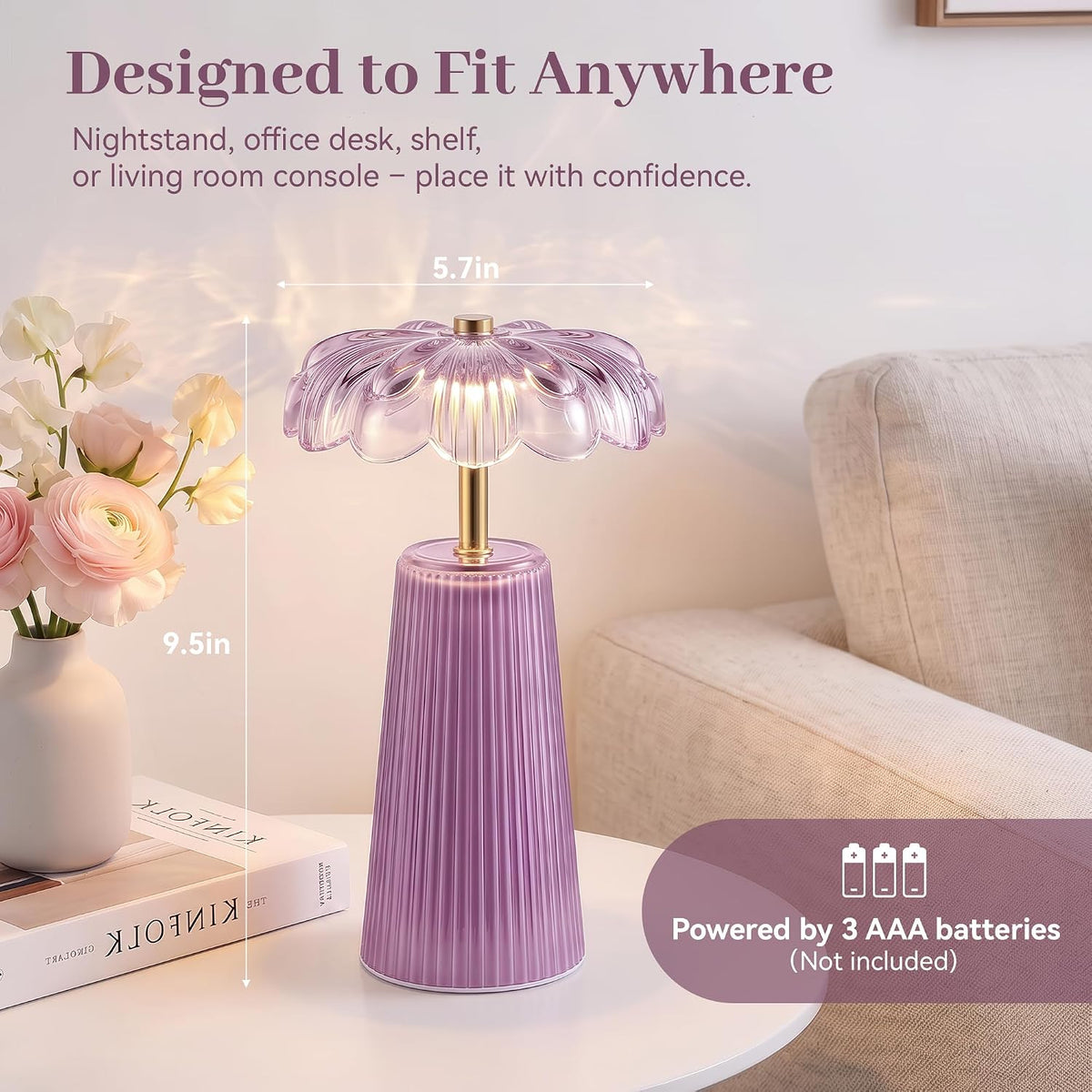 Battery Operated Lamp, Cordless Table Lamp with Timer, Purple
