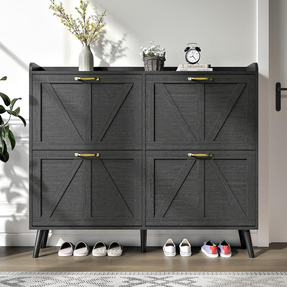 Farmhouse Shoe Cabinet Storage with 4 Flip Drawers, Black丨Shoe Cabinet for Entryway Slim, Freestanding Shoe Cabinet, Farmhouse Shoe Organizer Hidden Shoe Cabinets with Wooden Legs