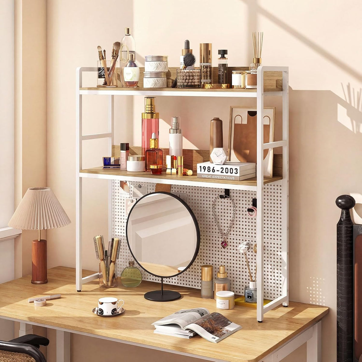 GIANTEX Desktop Bookshelf, 2-Tier Desk Hutch Dorm with Pegboard for up to 32" Computer Monitor, Industrial Countertop Storage Organizer Rack, Desk Shelf for Home Office (Natural)