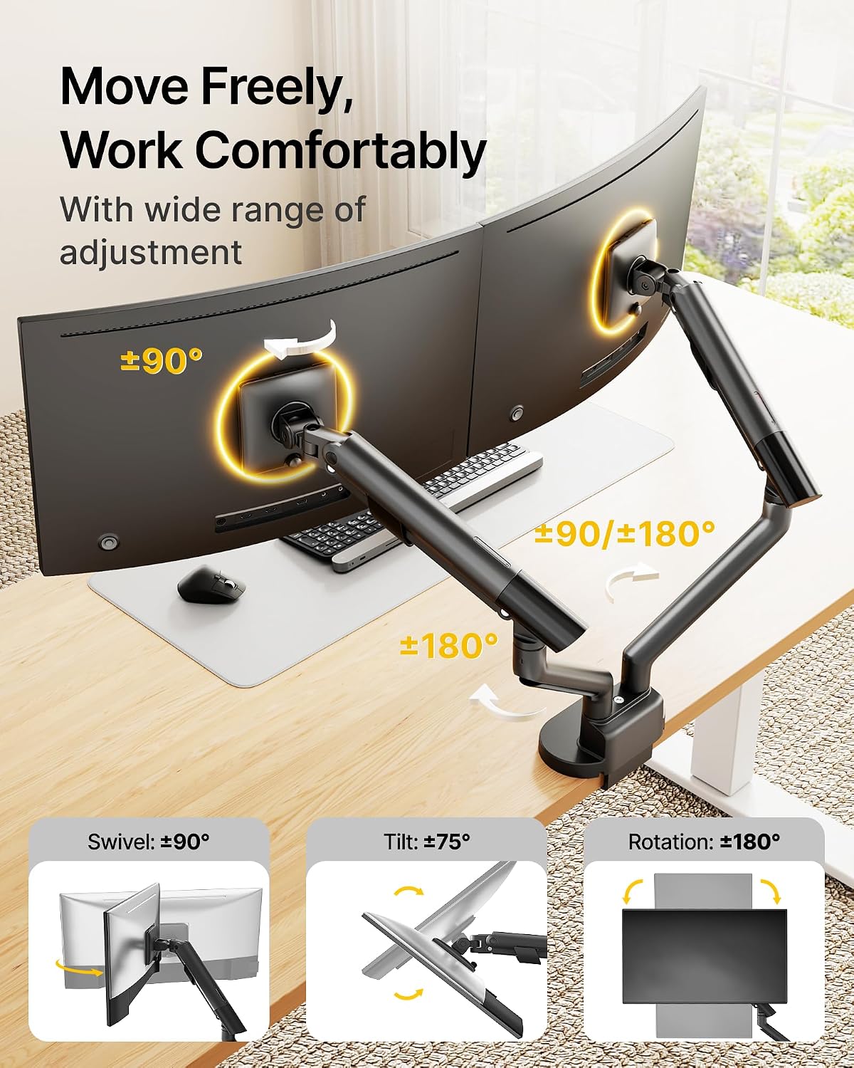 monTEK Aluminum Dual Monitor Arm for 17-40" Screens, 24.3 lbs Each, Black