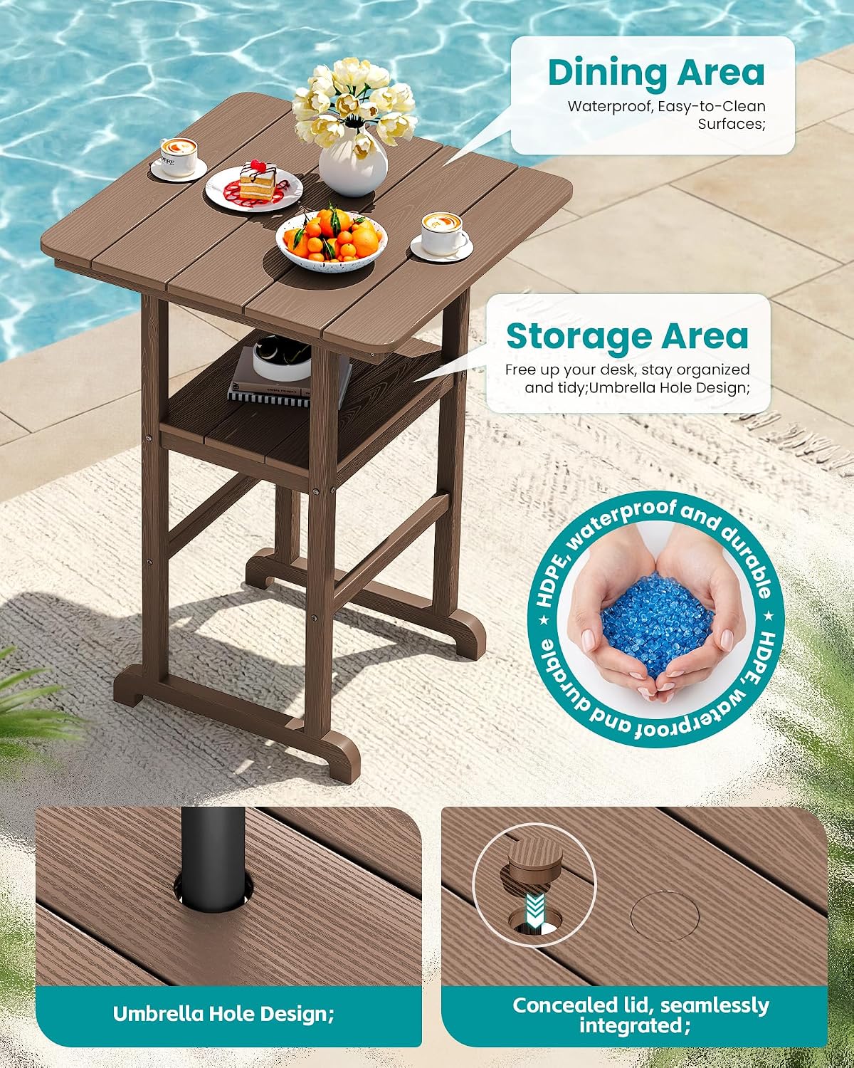 SERWALL 3 Pcs HDPE Bar Height Chairs and Double Layer Pub Table Set, Brown