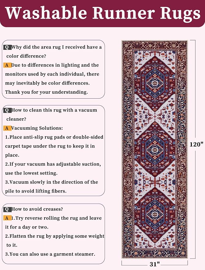 SERISSA Runner Rug for Hallways, Long Boho Rug Vintage Burgundy Navy Hallway