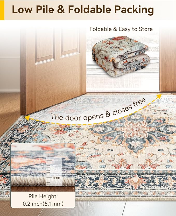 RELEANY Area Rugs 3'x5' Washable Non-Slip, Floral Vintage Distress Medallion