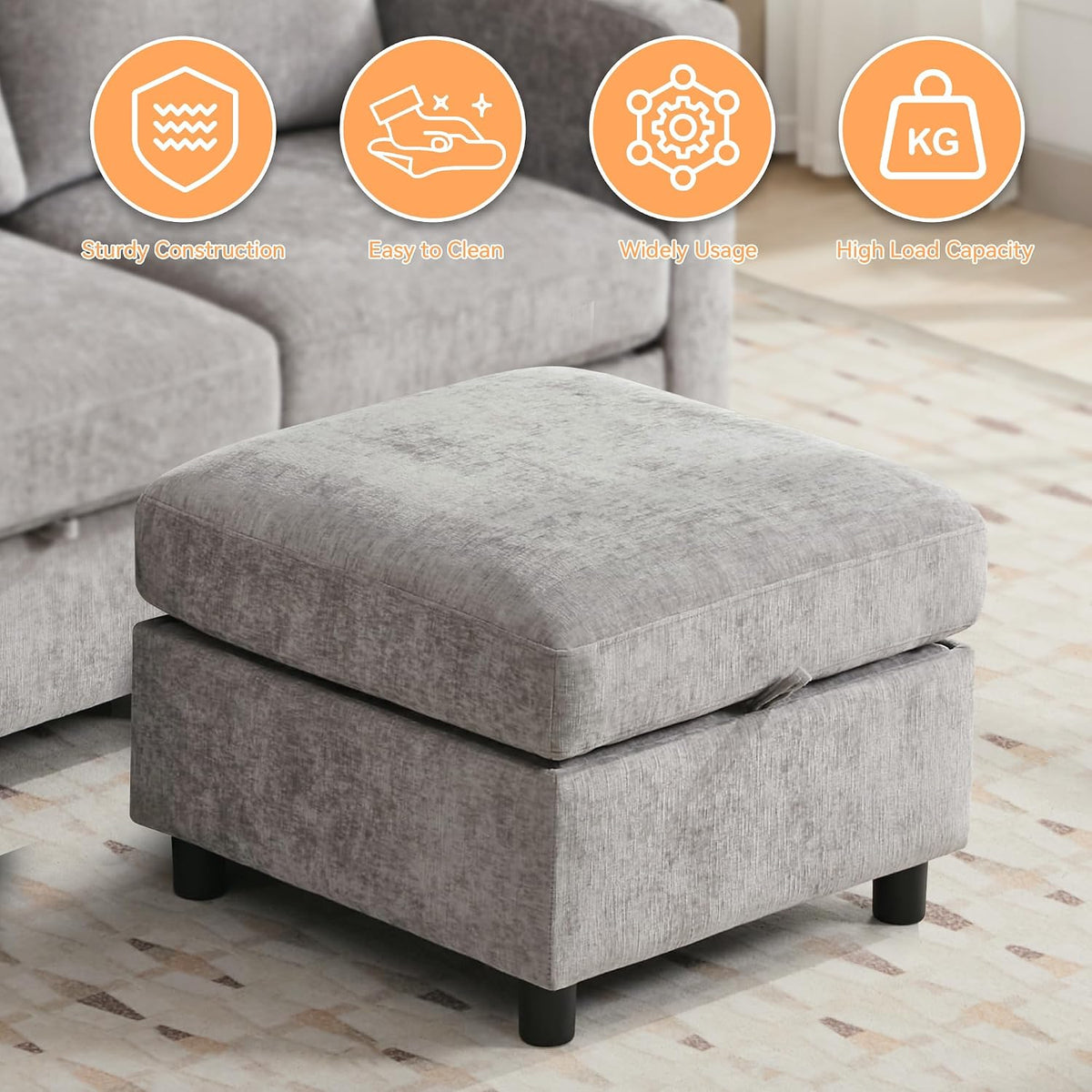 WUTUTUEE 25”Square Storage Ottoman Module for Modular Sectional Sofa, Living Room Coffee Table Sectional Ottoman Footrest for Convertible Couch, Chenille Light Grey