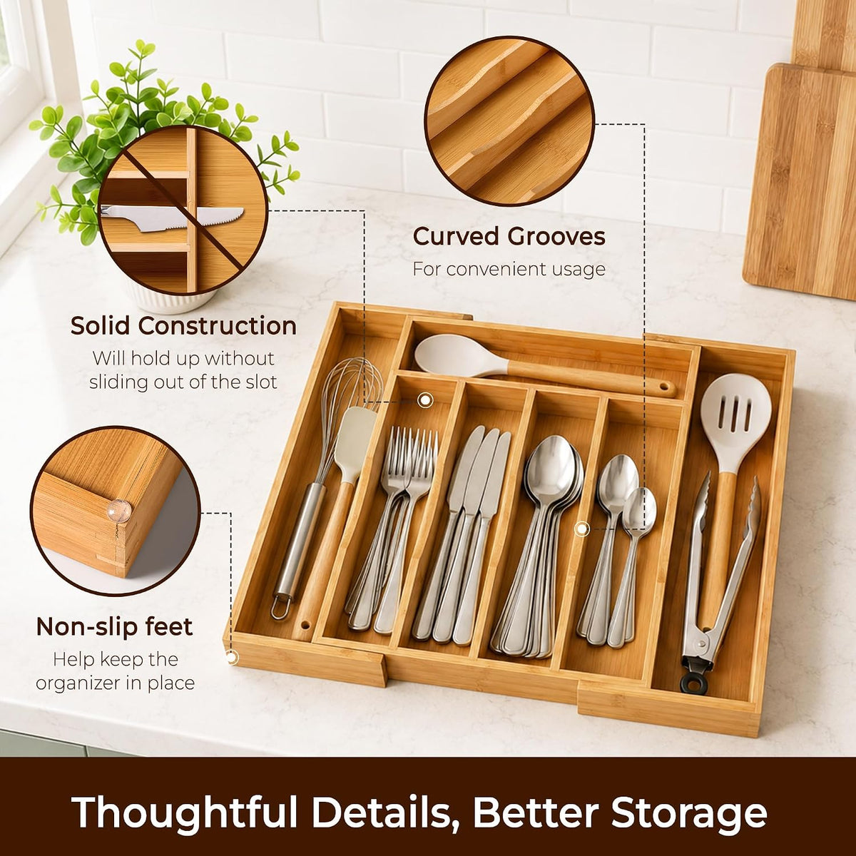 2-Piece Bamboo Silverware Organizer, Expandable Kitchen Drawer Organizer for Cutlery and Utensils, Multifunction Adjustable Bamboo Wood Cutlery Tray in Drawer for Flatware, (Natural)