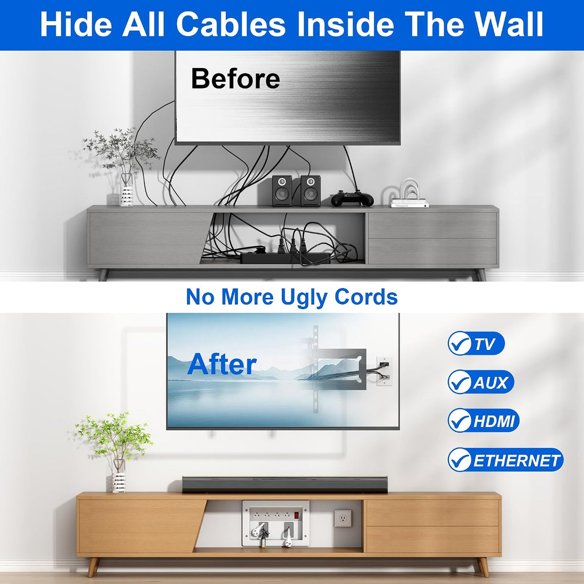 in Wall TV Cable Management Kit with Recessed Outlet – 4 Outlets, 7ft Cord(4ft+3ft), Drywall Cutting Drill Bit and Hand Saw – Easy, Overload Protection Switch, Safe TV Wire Hider for Wall