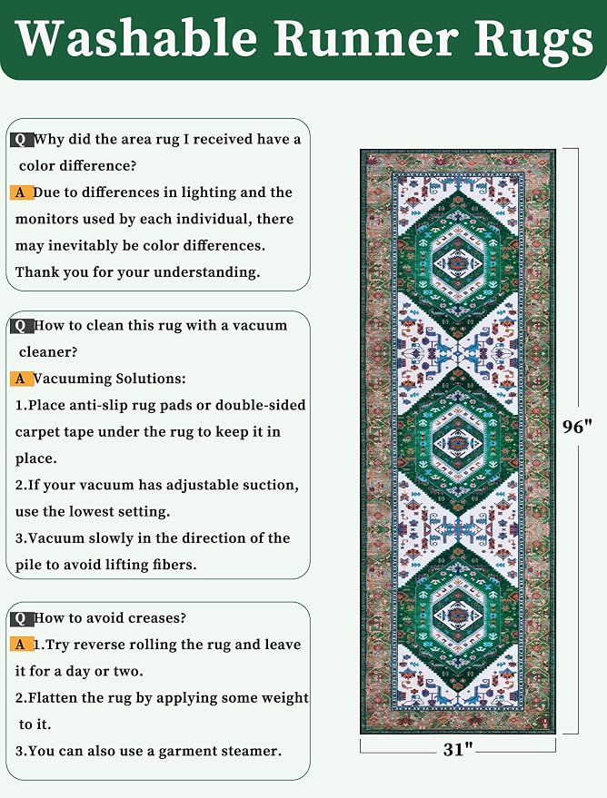 SERISSA Runner Rug for Hallways, Long Boho Rug Vintage Green White Hallway
