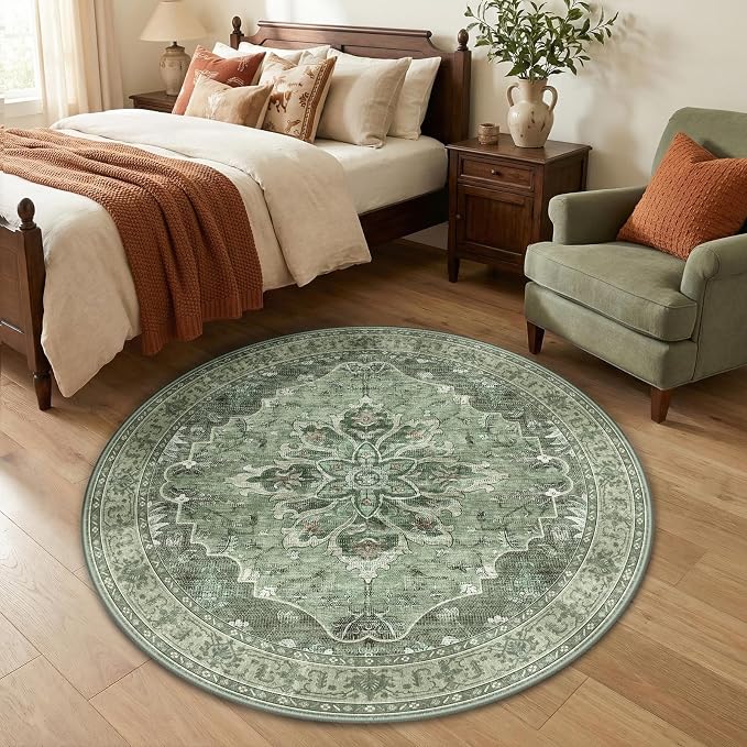 RELEANY Area Rugs Round 4ft Washable Non-Slip, Floral Vintage Distress
