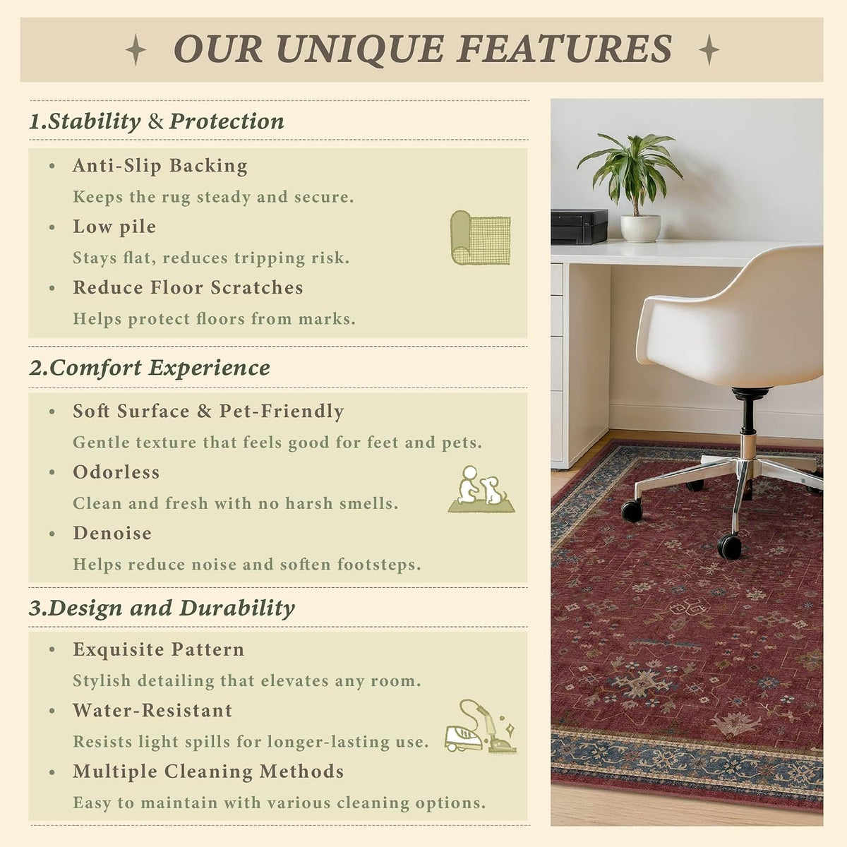 Desk Chair Mat for Hardwood & Tile Floor, 36" x 48" Burgundy Office Rug