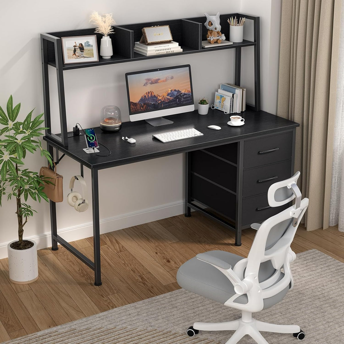 DLisiting Black Computer Desk with Hutch & Drawers, 47 Inch