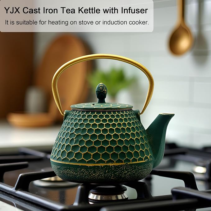 YJX Cast Iron Teapot and Tea Cups Set, 33.8oz Hexagon Pattern Tea Set