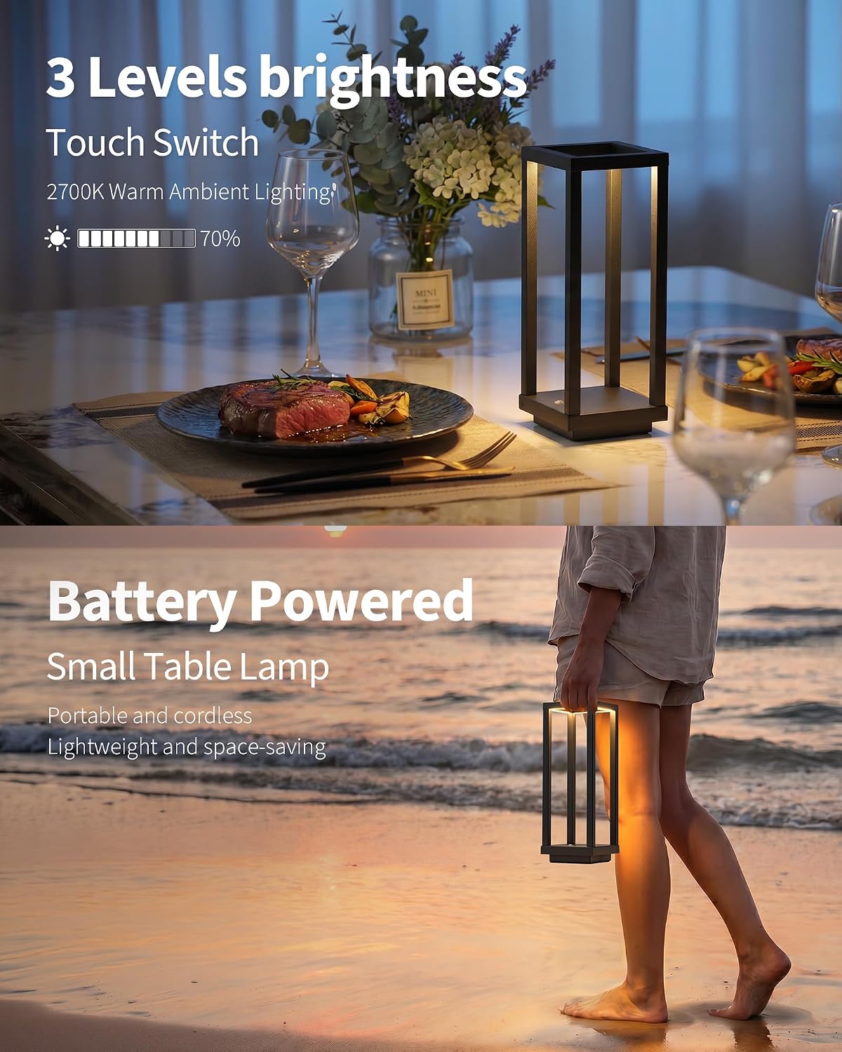 PUSU Cordless Waterproof Table Lamps, Black Outdoor Rechargeable Desk Lamp