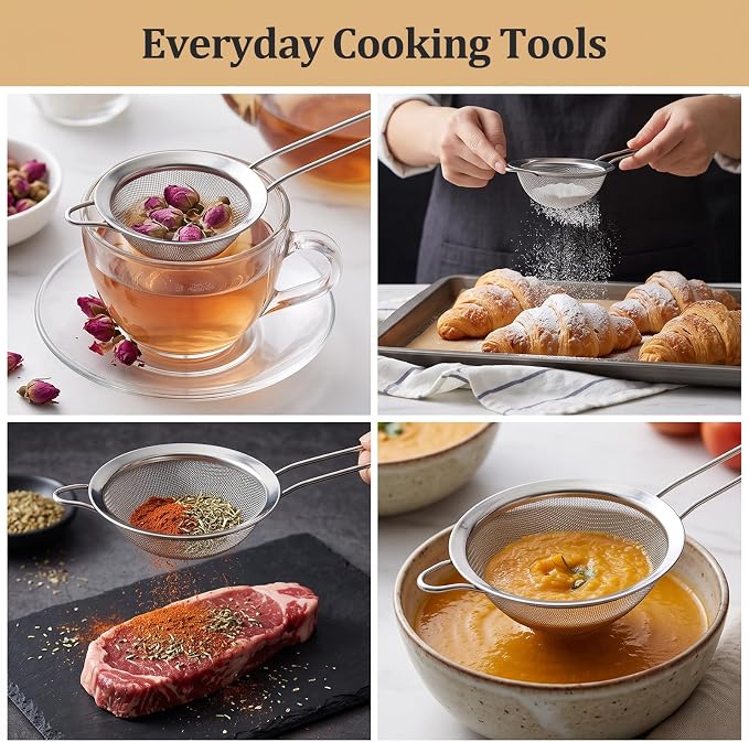 4PCS Fine Mesh Strainer Set, Stainless Steel Kitchen Sieve