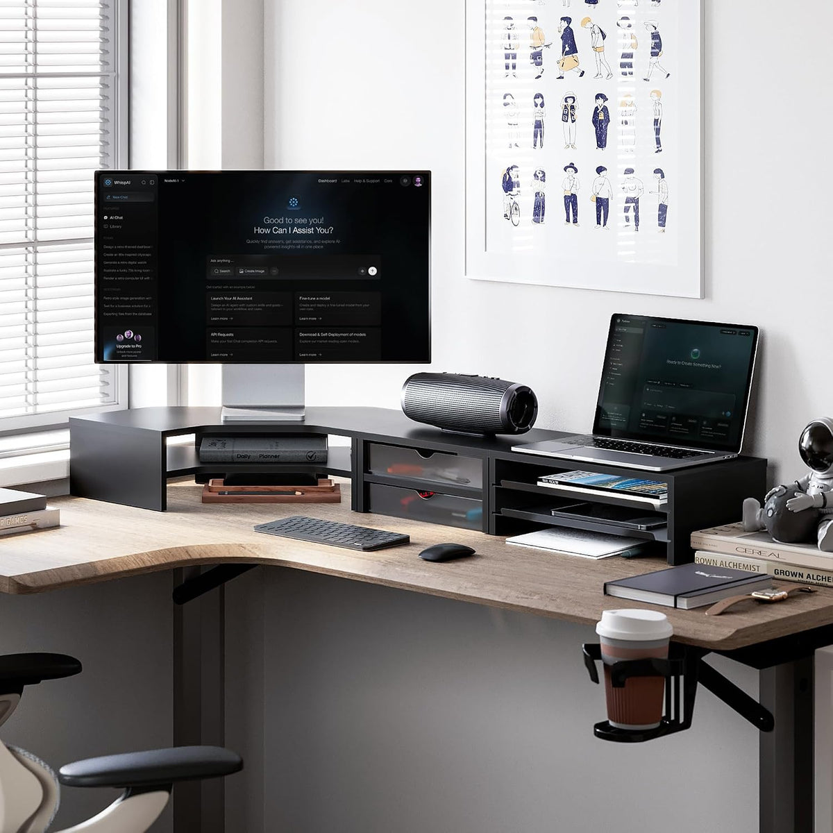 Fenge Dual Monitor Stand, Corner Desk Shelf with Drawer & Slide-Out Tray
