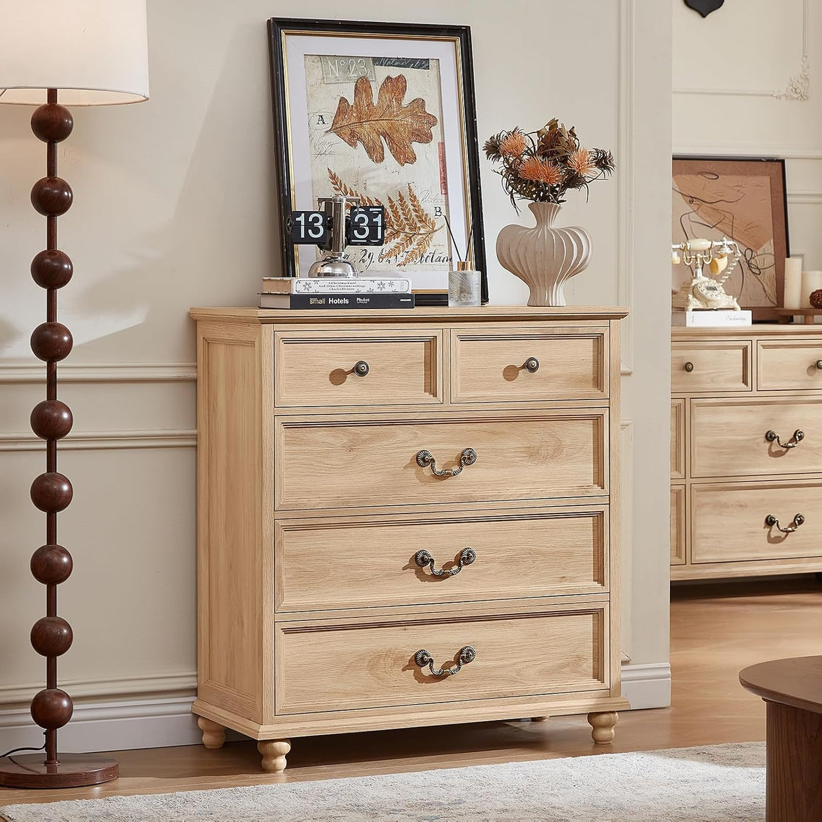 Joaxswe Farmhouse 5 Drawer Dresser for Bedroom, 35" Tall Rustic Chests of Drawers w/ 4 Solid Wood Feet, Mid Century Modern Wooden Closet Storage Dressers Organizer for Living Room, Hallway,Natural