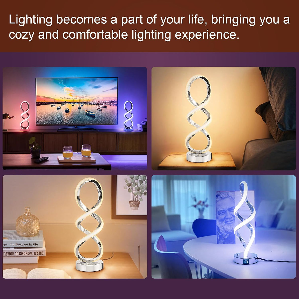 Modern Spiral LED RGB Table Lamp, Dimmable Touch, Small Nightstand Lamp