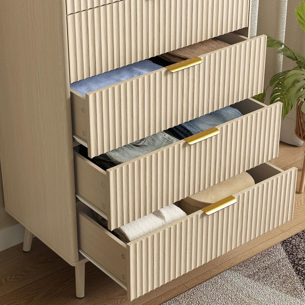 CARPETNAL Fluted 5 Drawers Dresser for Bedroom, 45" Tall Wooden Chest of Drawers with Rounded Corners, Gold Handles, Modern Storage Organizer for Bedroom, Hallway (Beige)