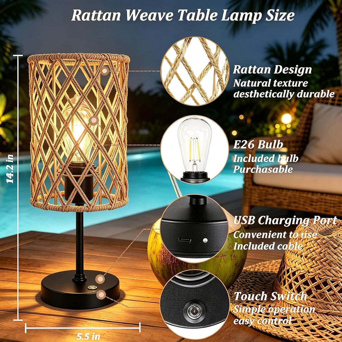 Rechargeable Outdoor Patio Table Lamps, Set of 2 Cordless Battery Operated Portable Boho Rattan Table Lights, for Covered Porch Balcony Garden Decor (Beige)