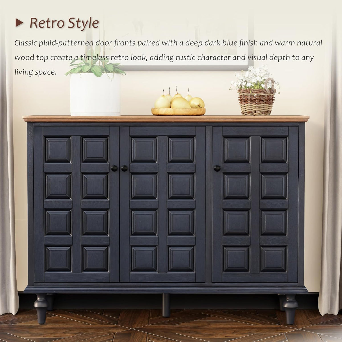 Aoikax Retro 3 Door Storage Cabinet X 2P with Plaid Pattern Front