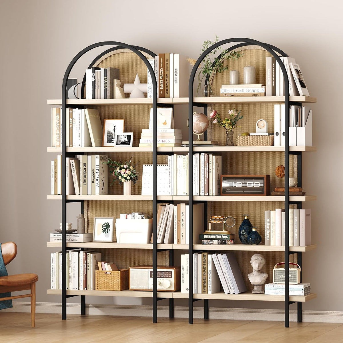 Yusong Bookshelf Rattan 5 Tier Arched Bookcase, 74" Tall Industrial Open Book Shelves for Living Room, Modern Freestanding Display Shelving Boho Storage Rack with Metal Frame for Office, Brown
