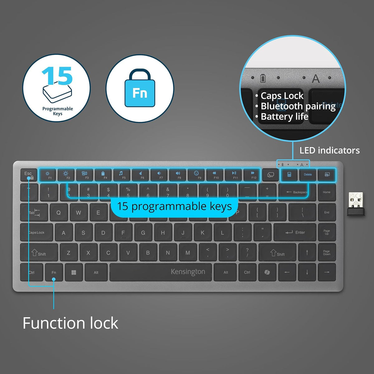 Kensington KB435 Wireless Compact Keyboard, Bluetooth & 2.4GHz Connection, Quiet Scissor-Switch Keys, Programmable, Copilot Hotkey, Compatible with Windows, Black (K75409NA)