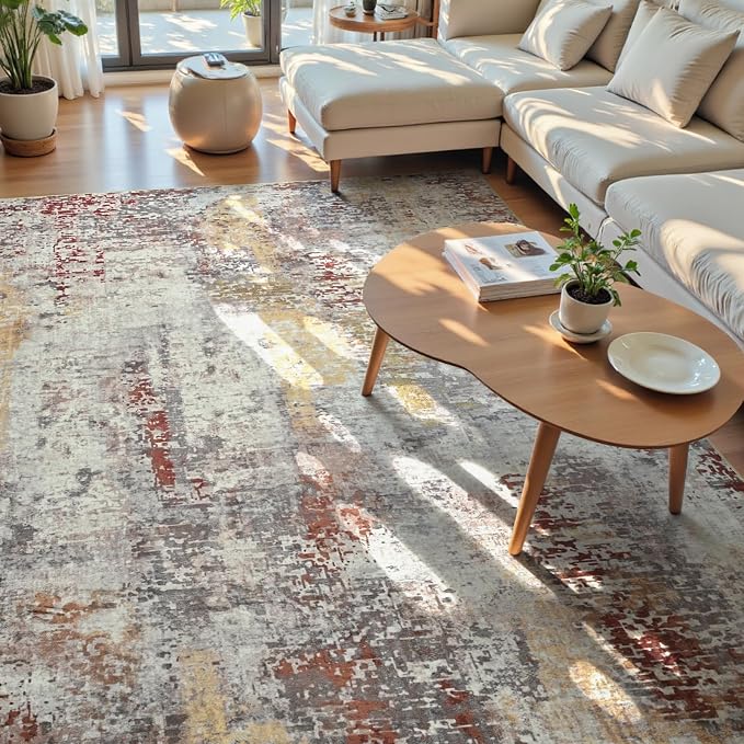 Living Room Rug 9x11 Beige Area Rugs Machine Washable Abstract Boho Large Rug