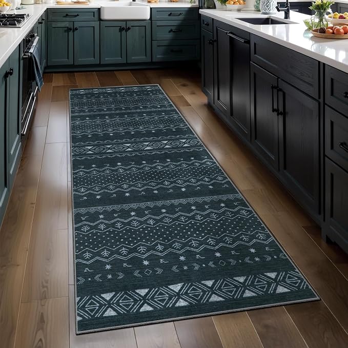 SERISSA 2x5 Kitchen Runner Rug, Washable Non-Slip Grey Boho Rug, Soft Low-Pile