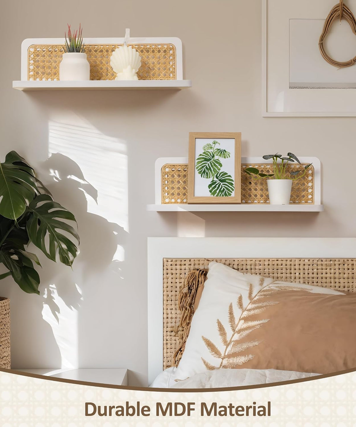 Maxpeuvon Rattan Floating Shelves for Wall Set of 2, White Wall Shelves