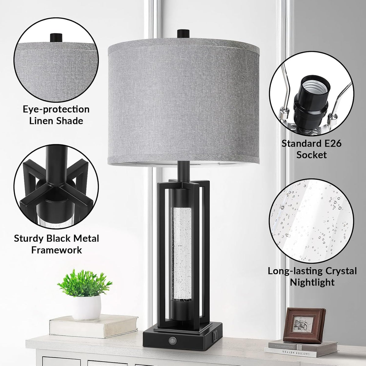 TOBUSA 26" Black Farmhouse Table Lamps Set of 2 with Crystal Night Light